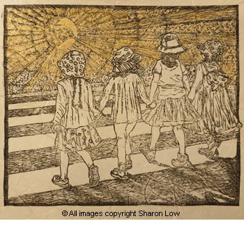 Here comes the sun (little darlings) - Linocut relief print 200x1500mm by Sharon Low 2021