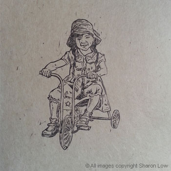 I can pedal! - Linocut relief print by Sharon Low 2017