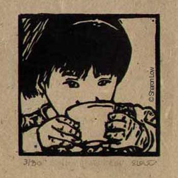 Lynsey drinking tea or Time for tea II - Linocut relief print by Sharon Low 2012