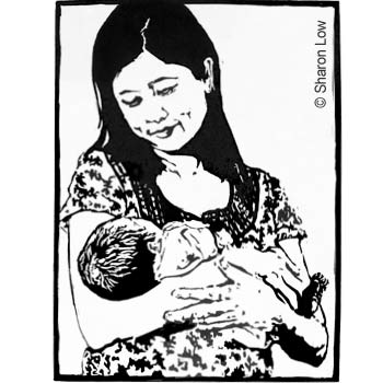 Hello Little One II (Deborah and James) - Woodcut relief print by Sharon Low 2013