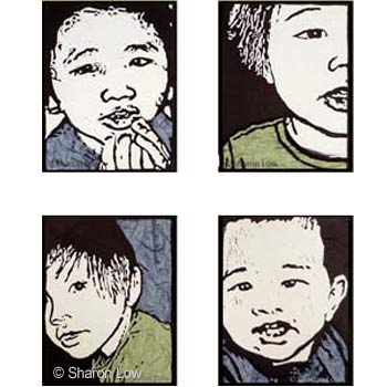 Siblings Four (MJTL) - Softcut relief print by Sharon Low 2011