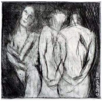 Three figures (black ink) - Unique Drypoint print 300 x 300 mm by Sharon Low