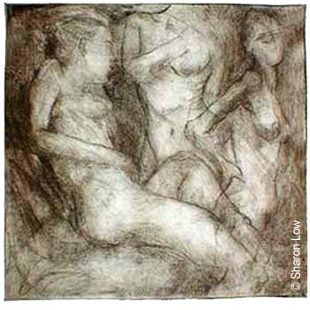 Three figures (female) - Unique Drypoint print 300 x 300 mm by Sharon Low