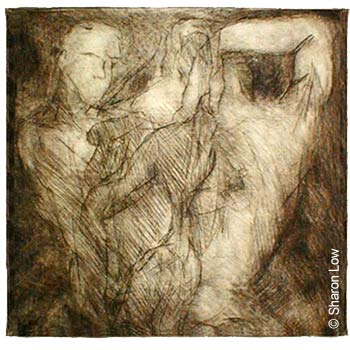 Three figures (male) - Unique Drypoint print 300 x 300 mm by Sharon Low