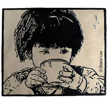 Time for Tea or Lynsey drinking tea - Linocut relief print by Sharon Low 2011