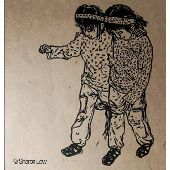 Twins on the Run (Three-legged Race) - Linocut relief print by Sharon Low 2012